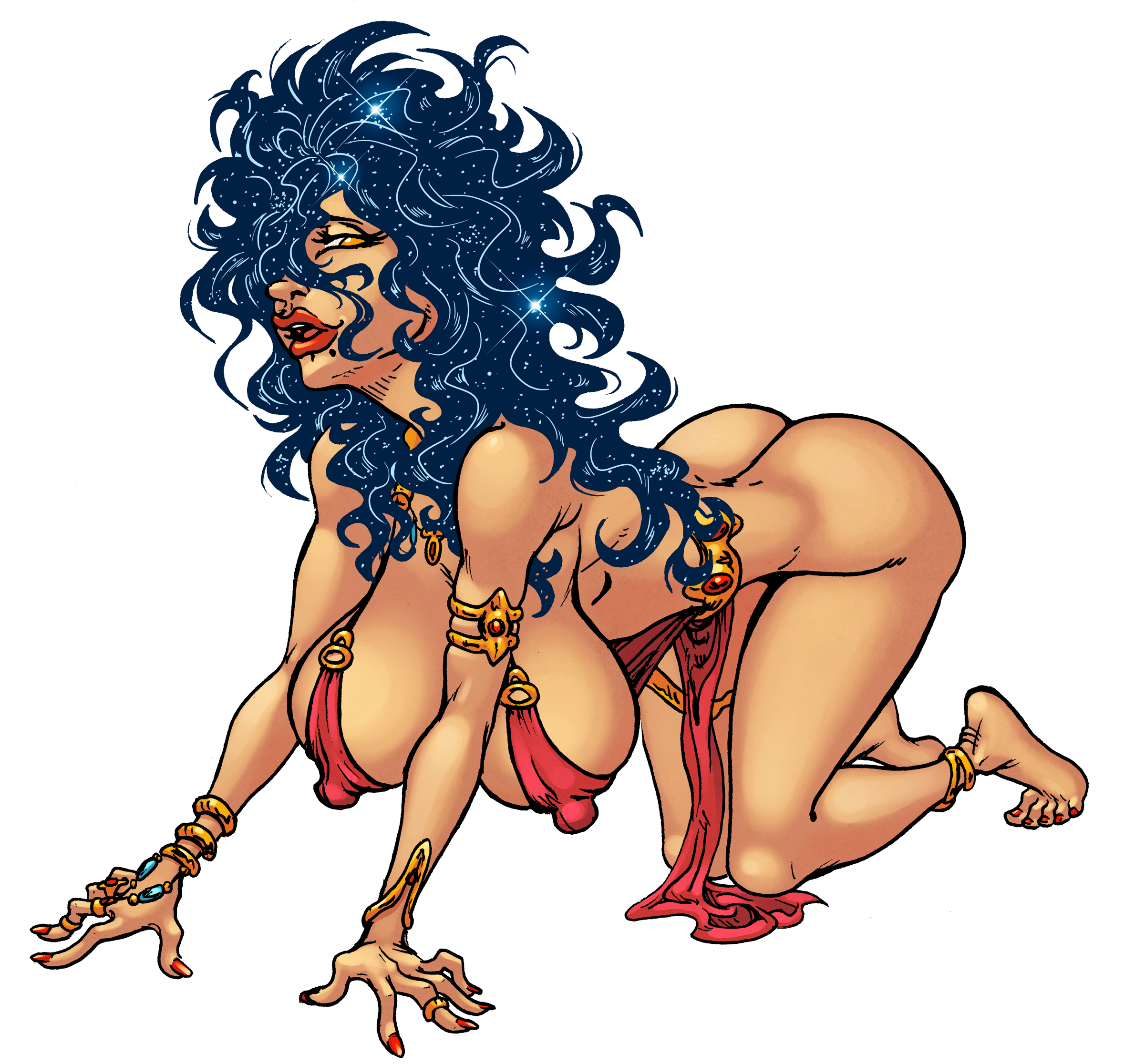 A colorful cartoon illustration of a fairy-like creature with dark blue, starry hair, and gold jewelry. She is in a crouched position wearing a red skirt, with her hair flowing around her and a mystical expression on her face.