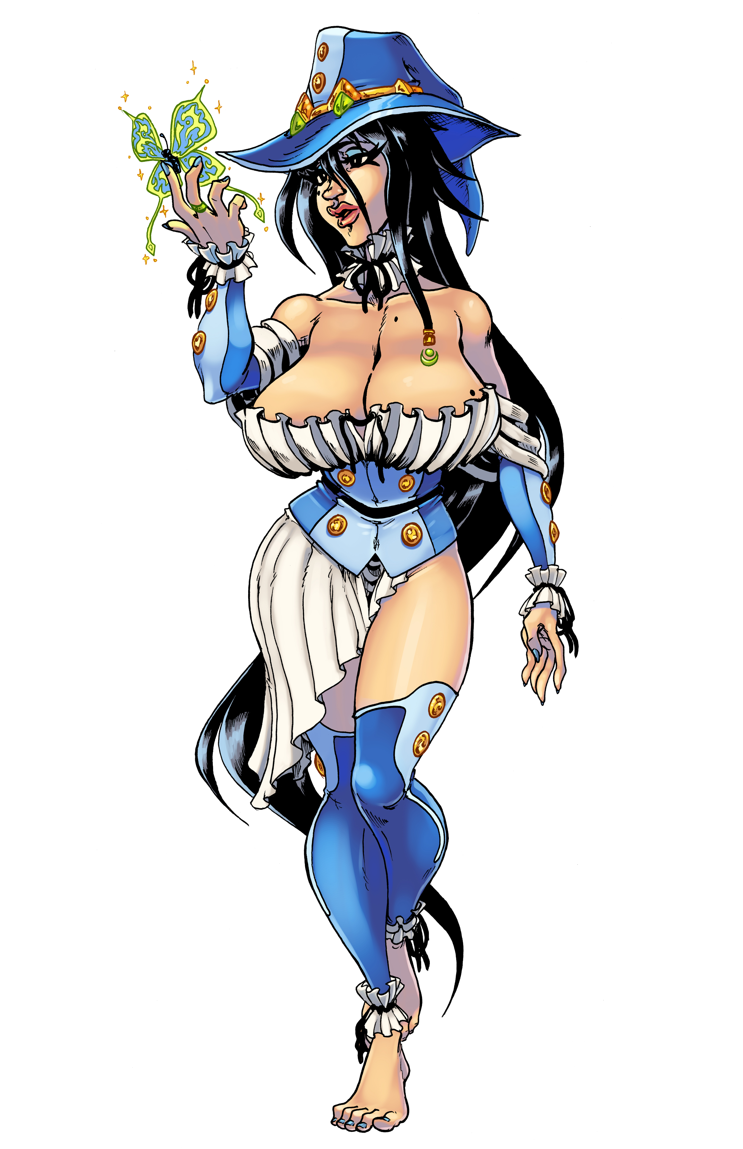 A fantasy cartoon witch with long black hair, wearing a blue hat and outfit with gold accents, holding a glowing green butterfly, against a black background.