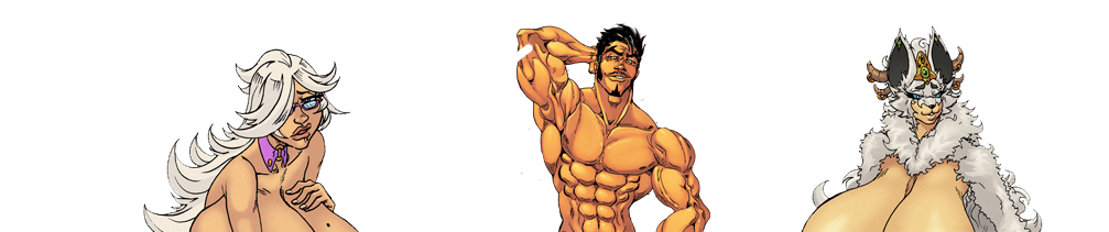 Three fantasy characters: a woman with white hair and glasses, a muscular man with dark hair, and a furry anthropomorphic fox wearing jewelry.