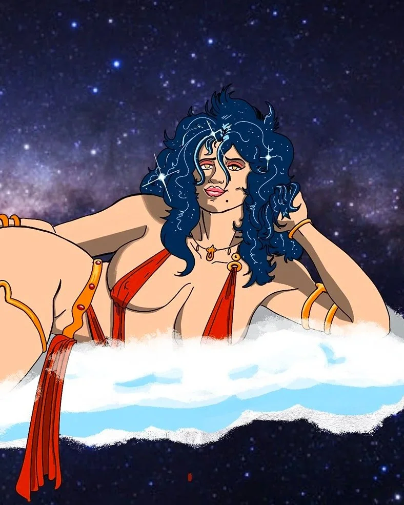 Digital illustration of a woman with dark blue, curly hair, lying on a cloud in space with stars and the Milky Way in the background, wearing a red garment and gold jewelry.