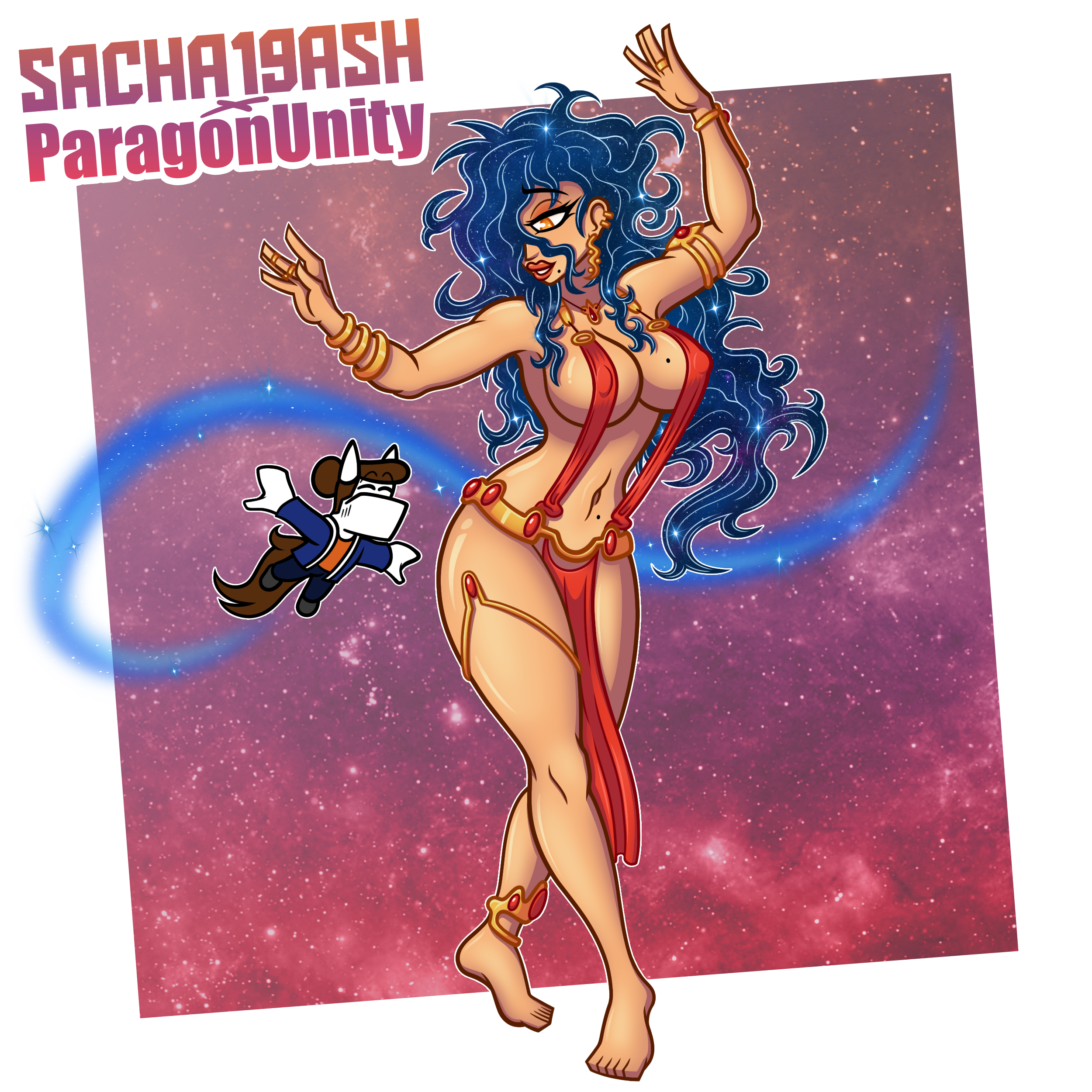 A cartoon illustration of a woman with blue, starry, cosmic-looking hair, dressed in a revealing red outfit with gold jewelry, dancing against a starry galaxy background, with the text 'SACHA'SASH ParagonUnity' in the upper left corner.