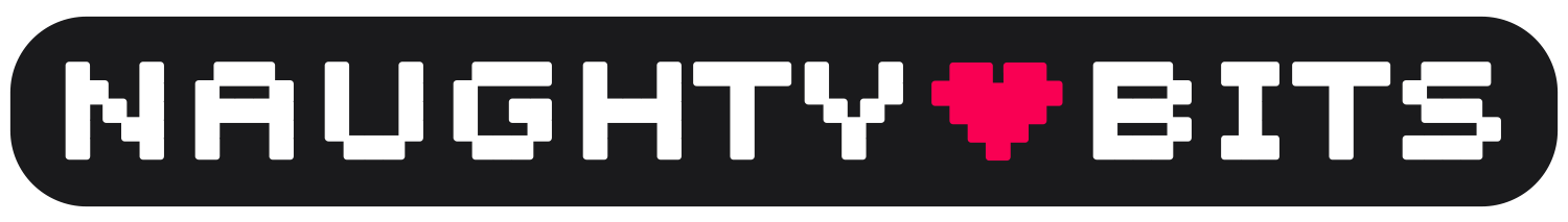 Pixelated logo reading 'NAUGHTY BITS' with a pink pixelated heart between words.