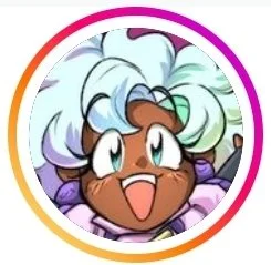 A cartoon character with multicolored hair, smiling and winking, surrounded by a rainbow-colored circular border.