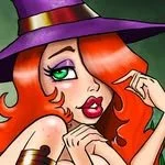 A cartoon witch with red hair, green eyes, purple hat, and purple lipstick, touching her nose with one finger.