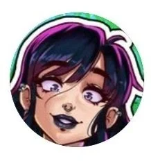 Anime-style female character with purple and black hair and dark lipstick, inside a circular frame.