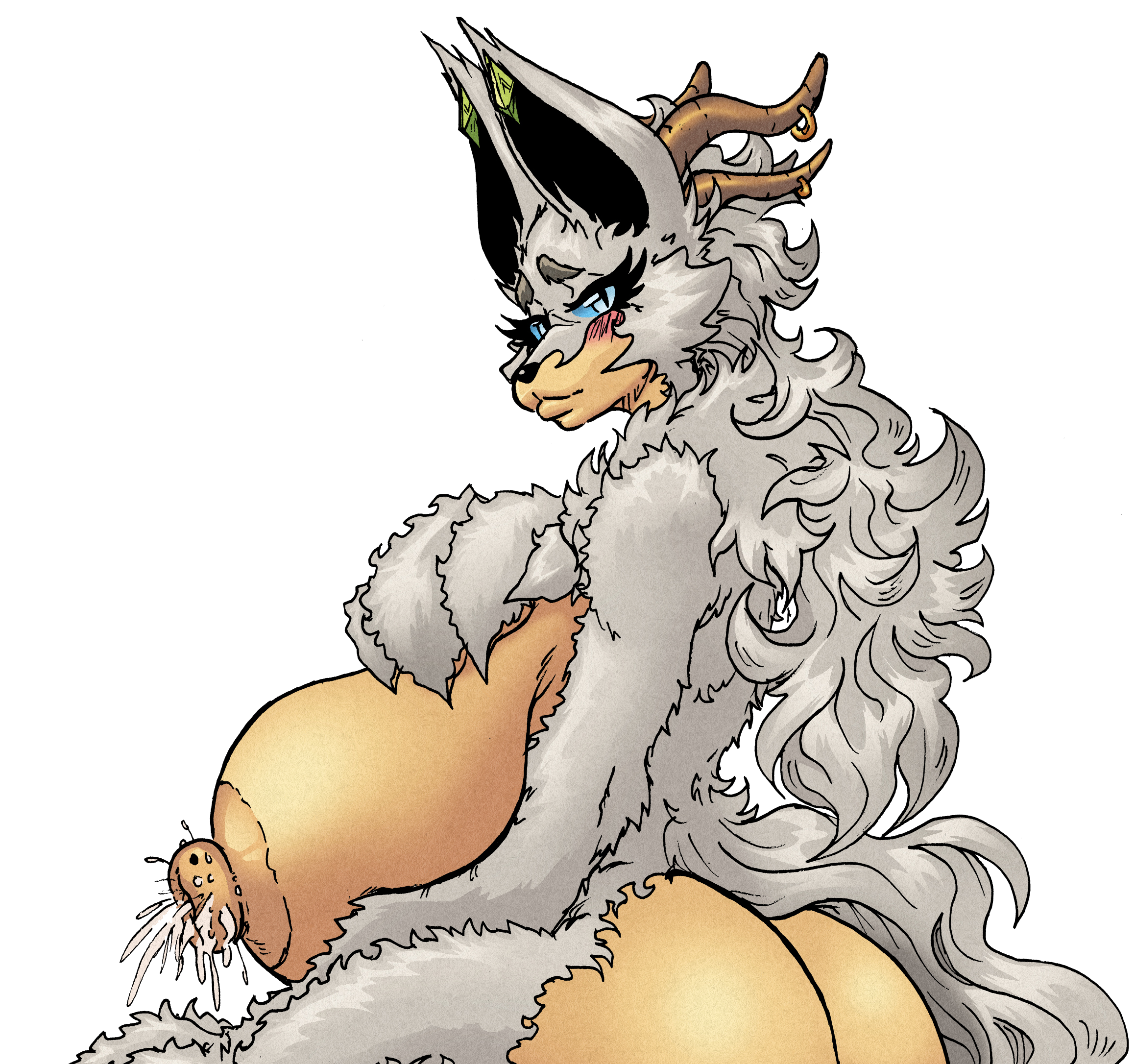 A fantasy creature with a human-like face, long white hair, horns, and furry body, depicted in a detailed digital art style.