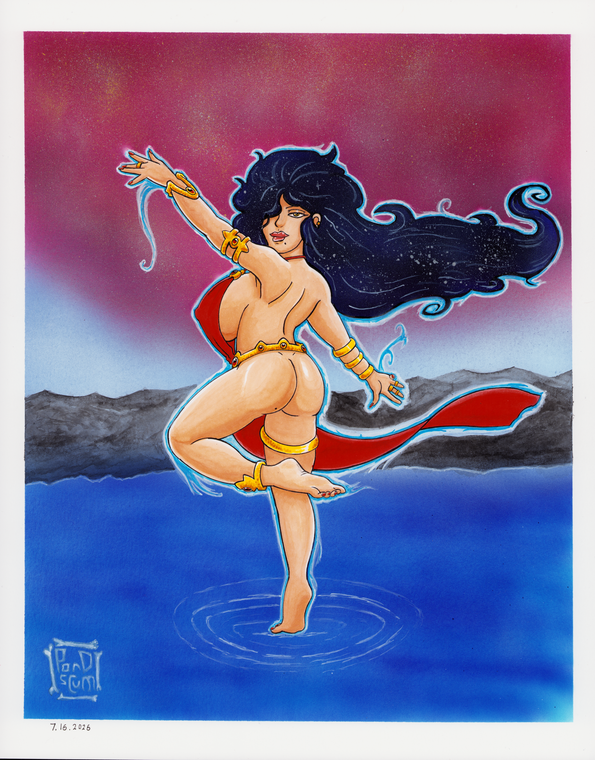 A surreal painting of a woman with long black hair, standing on the water, with a moonlit sky in the background. She is adorned with gold jewelry and a red garment, with her arm raised and her eyes half-closed.