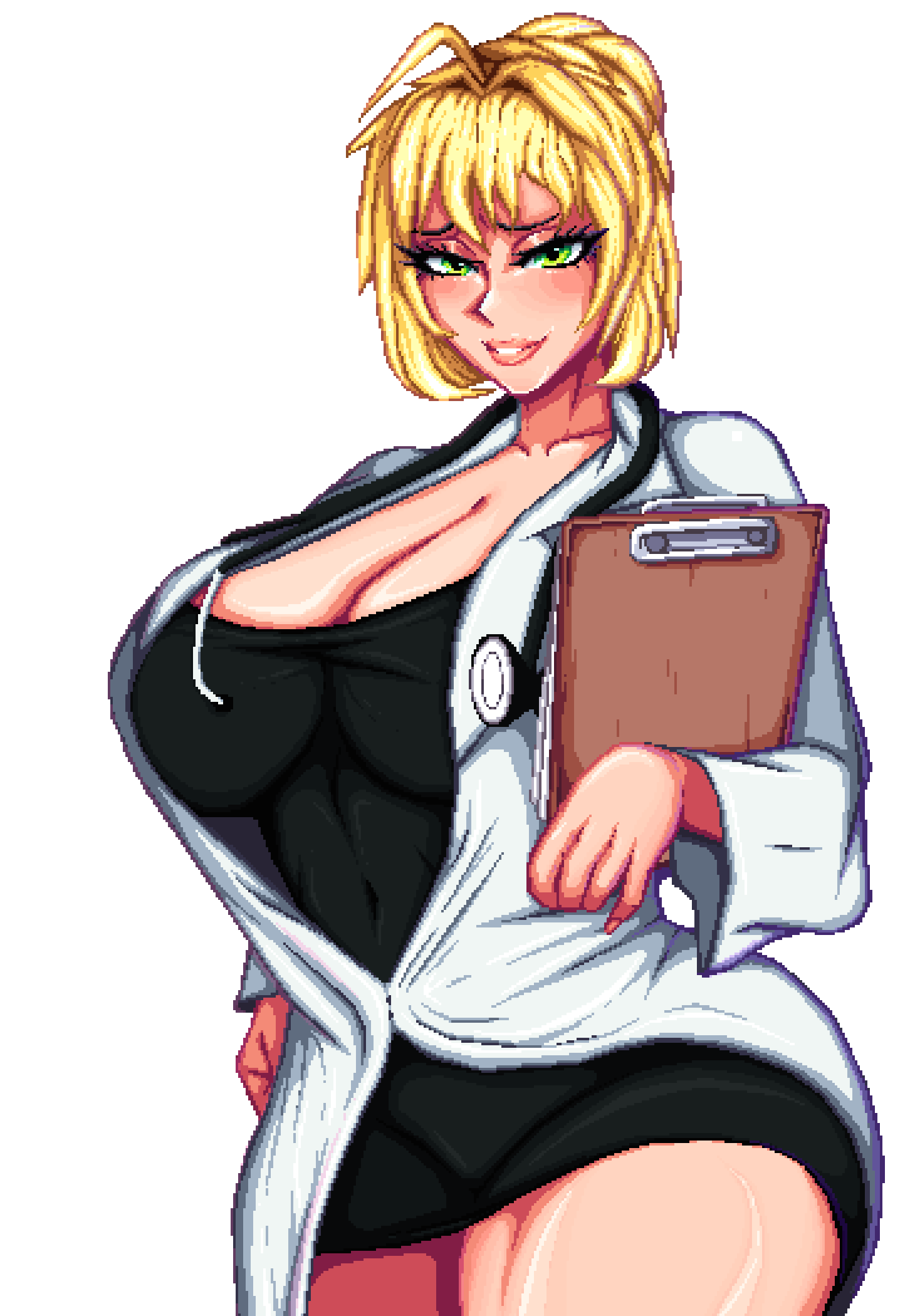 Pixel art illustration of a female doctor with blonde hair, piercing green eyes, a confident smile, wearing a white lab coat and carrying a clipboard, against a black background.