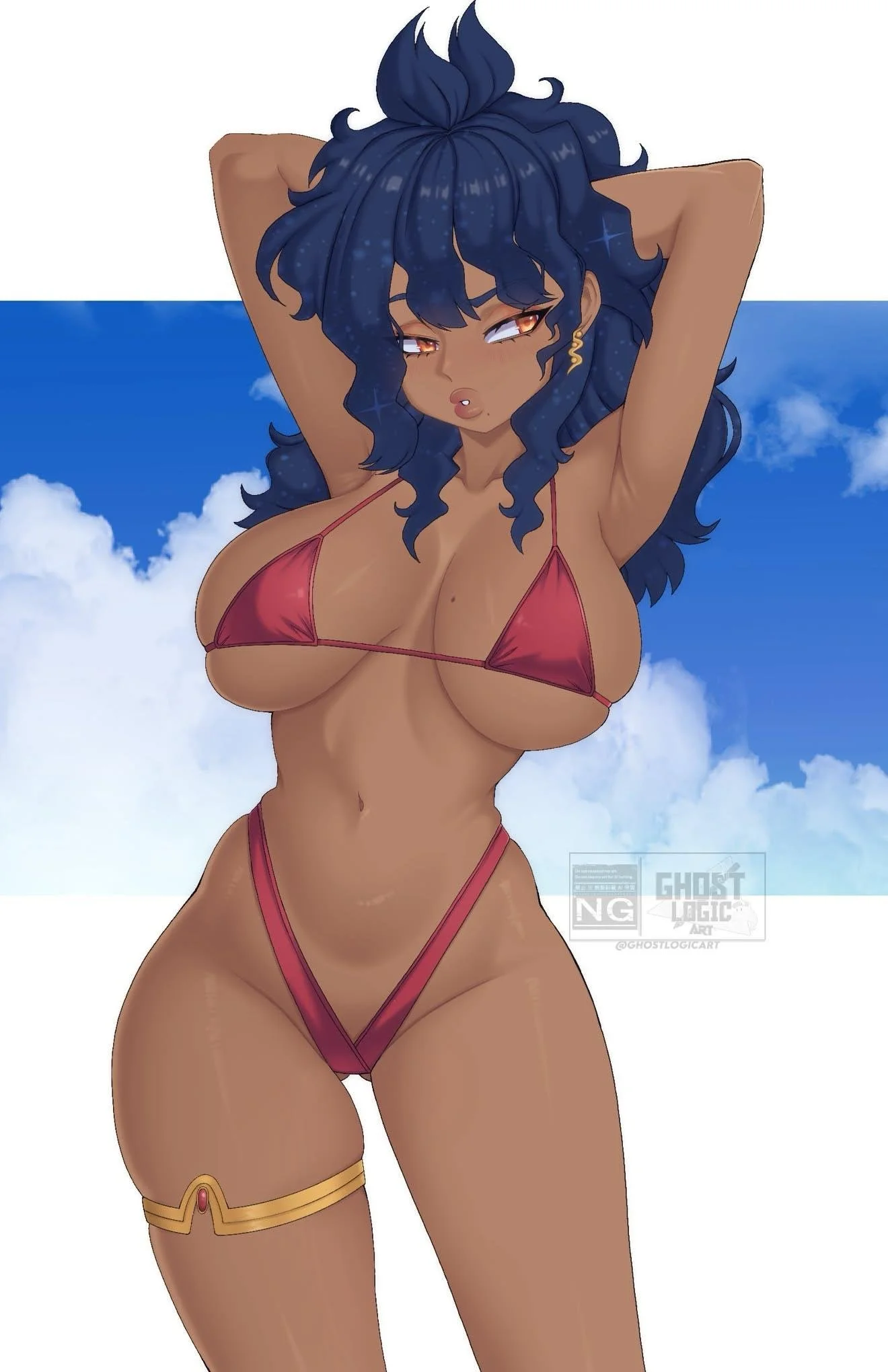 Anime-style woman with dark blue, starry hair and golden eyes in a revealing red bikini, standing against a backdrop of blue sky and white clouds, with her arms raised behind her head.