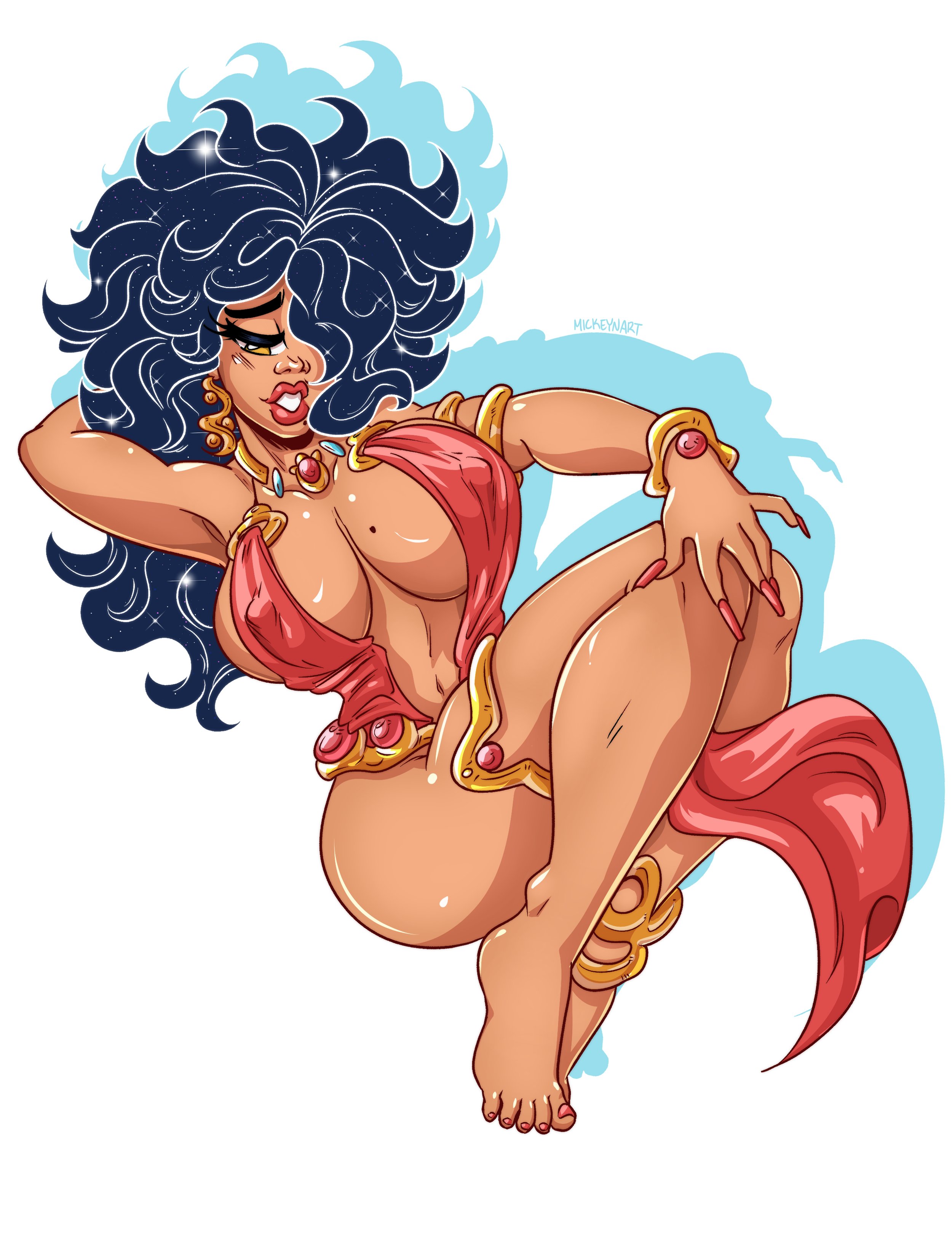 A cartoon character with exaggerated sexual features, long curly dark hair, gold jewelry, and a pink cloth covering her chest and groin, posing suggestively with one leg lifted and a seductive expression.