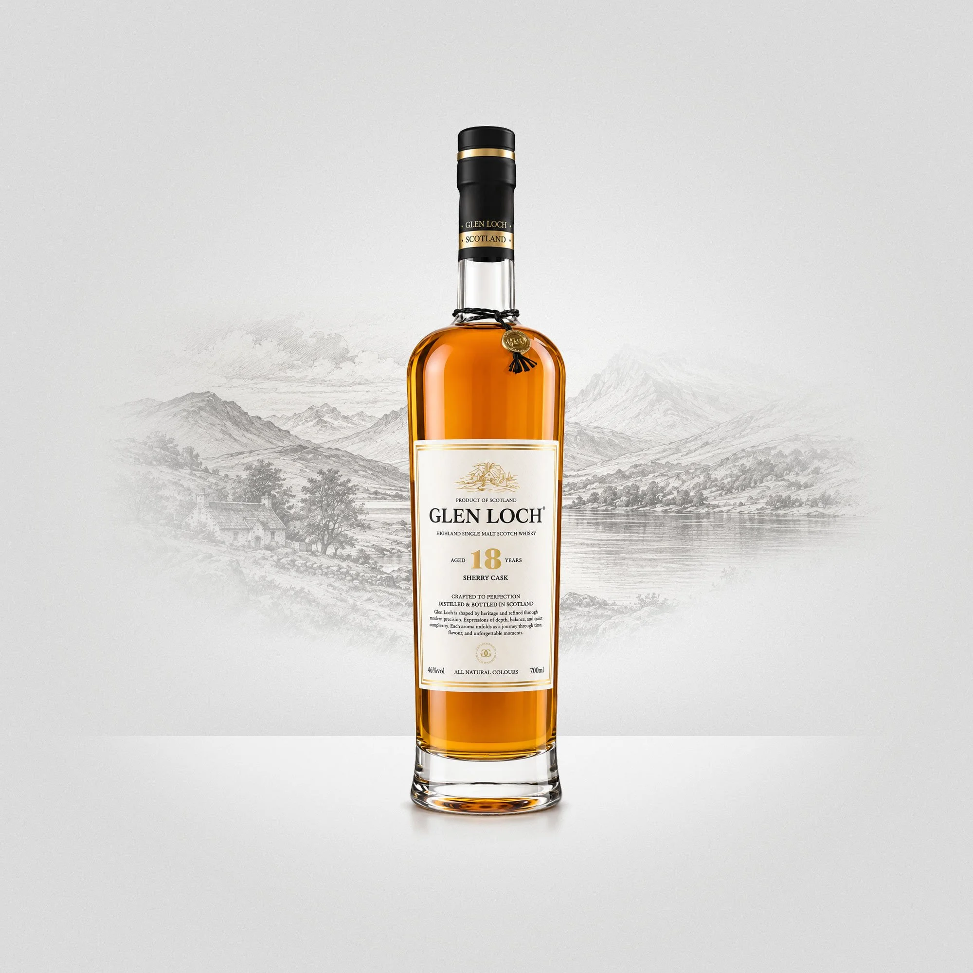 Bottled Glen Loch 18 Year old, Highland single malt Scotch whisky, Sherry PX Cask with a mountain landscape in the background.