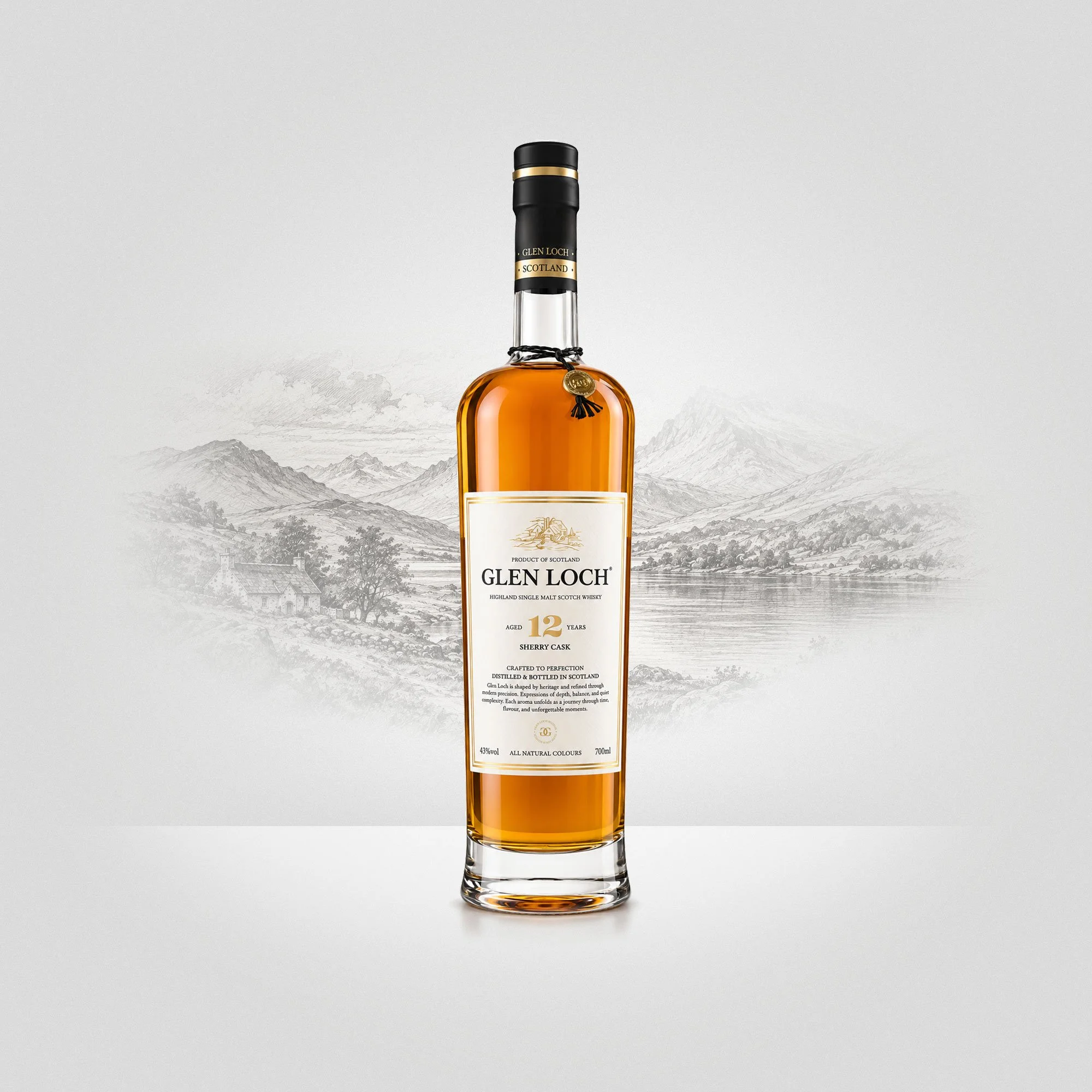 Glen Loch 12-year-old Scotch whisky bottle with a mountain landscape background.