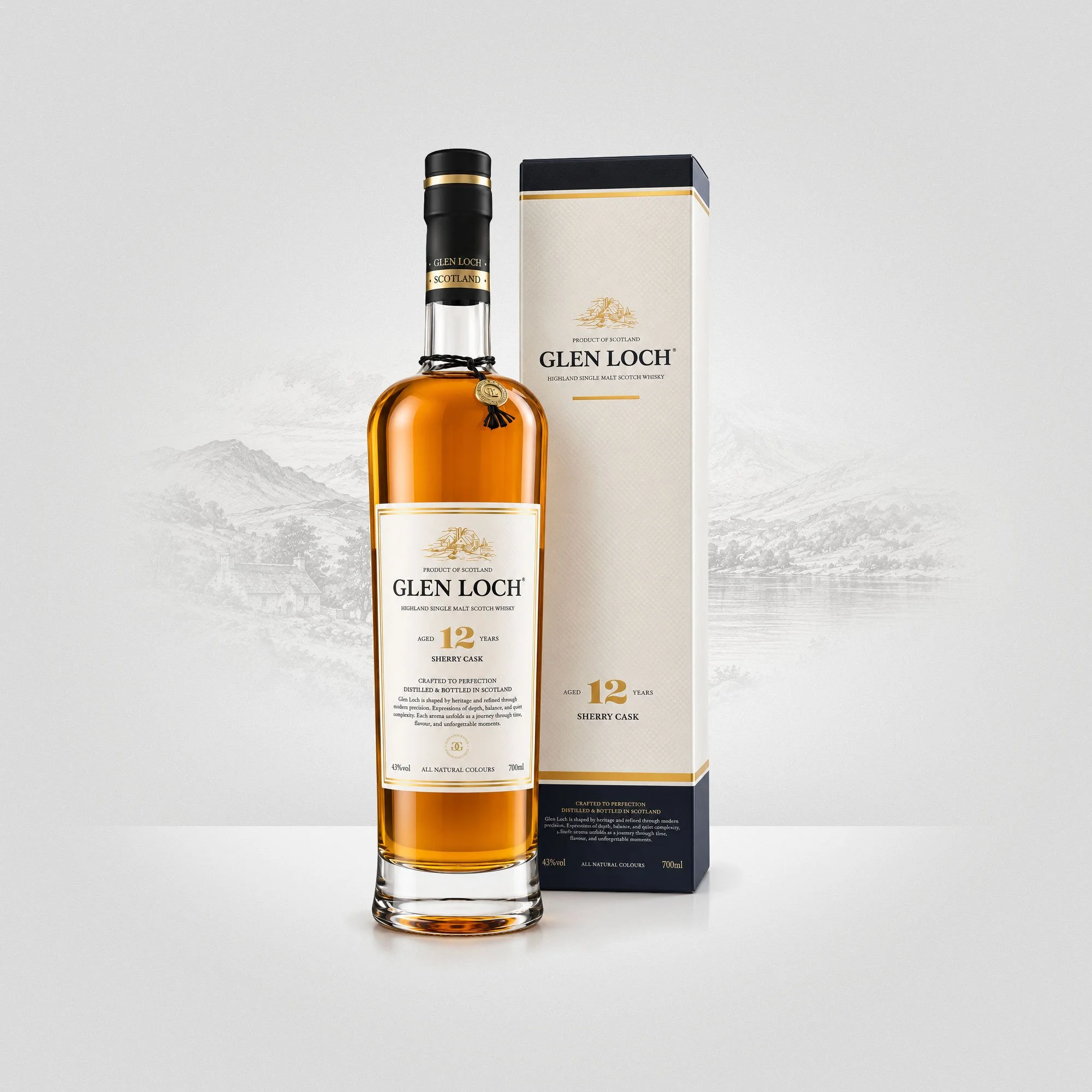 Bottle of Glen Loch 12-year-old Highland single malt Scotch whisky next to its packaging box against a light gray background.