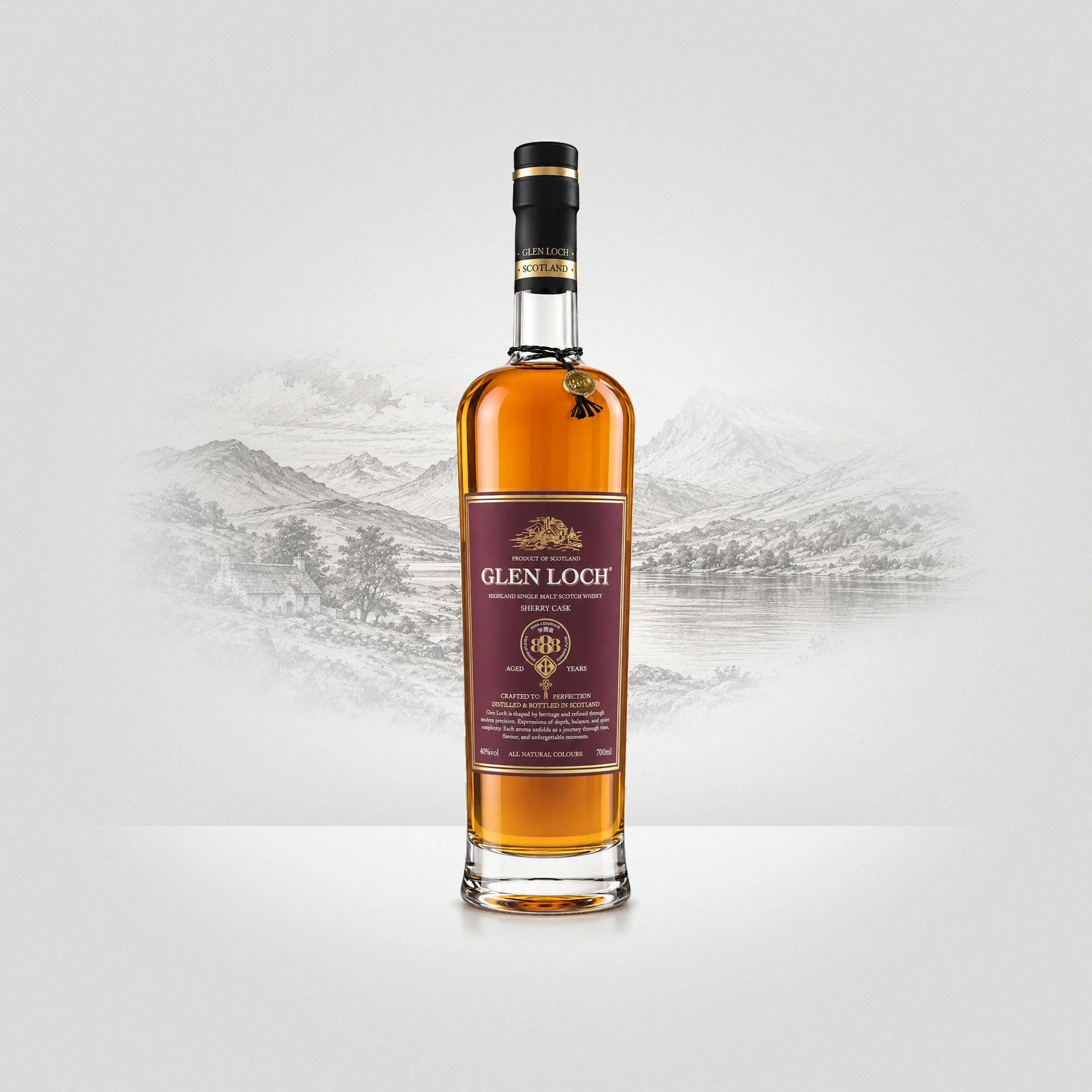 A bottle of Glen Loch, 8 Year Old, China Edition 888, Highland Single Malt Scotch Whisky with mountains in the background.