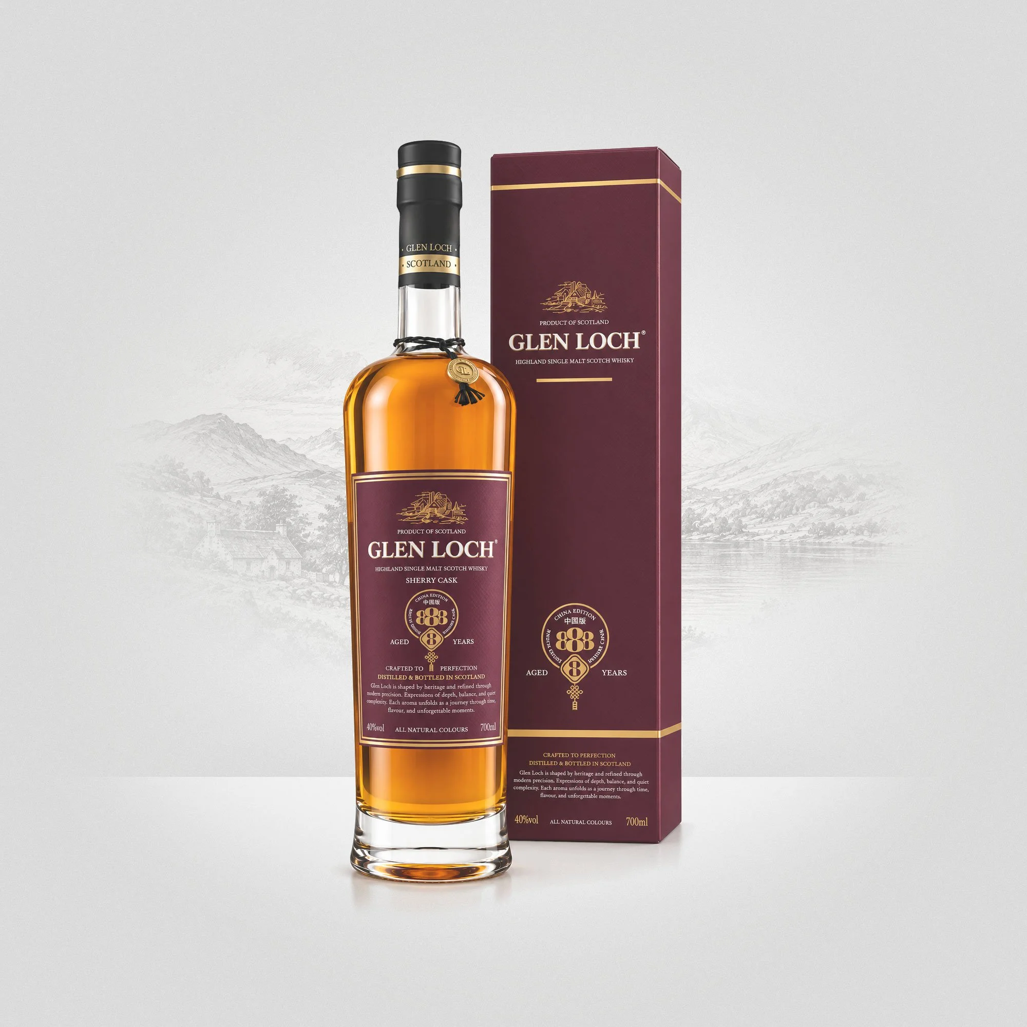 A bottle of Glen Loch 8 Year, China Edition 888, Highland Single Malt Scotch Whisky and its maroon box with gold accents, set against a light gray background with a faint mountain landscape.