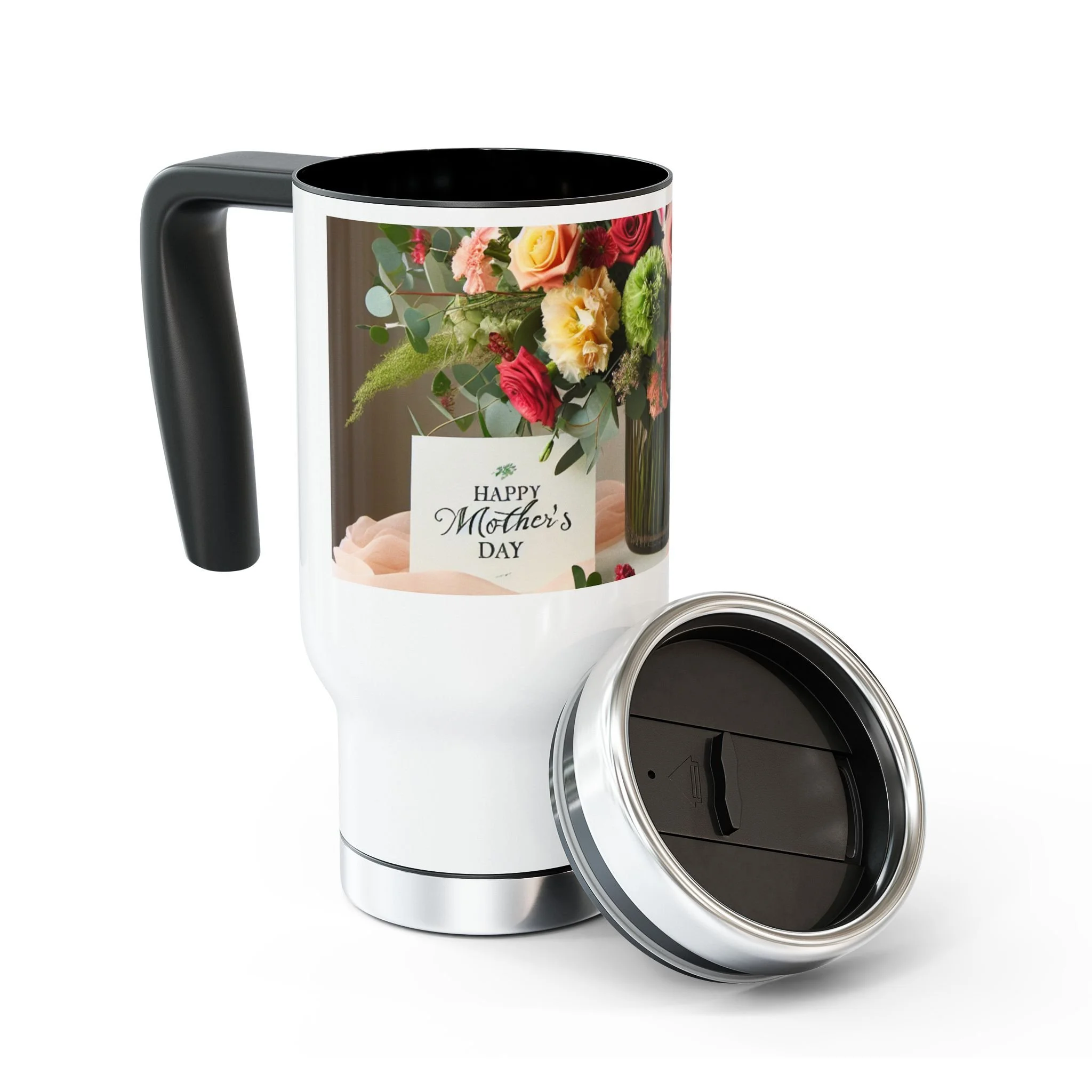 Vibrant Floral Travel Mug - 14oz Stainless Steel Coffee Cup with Handle