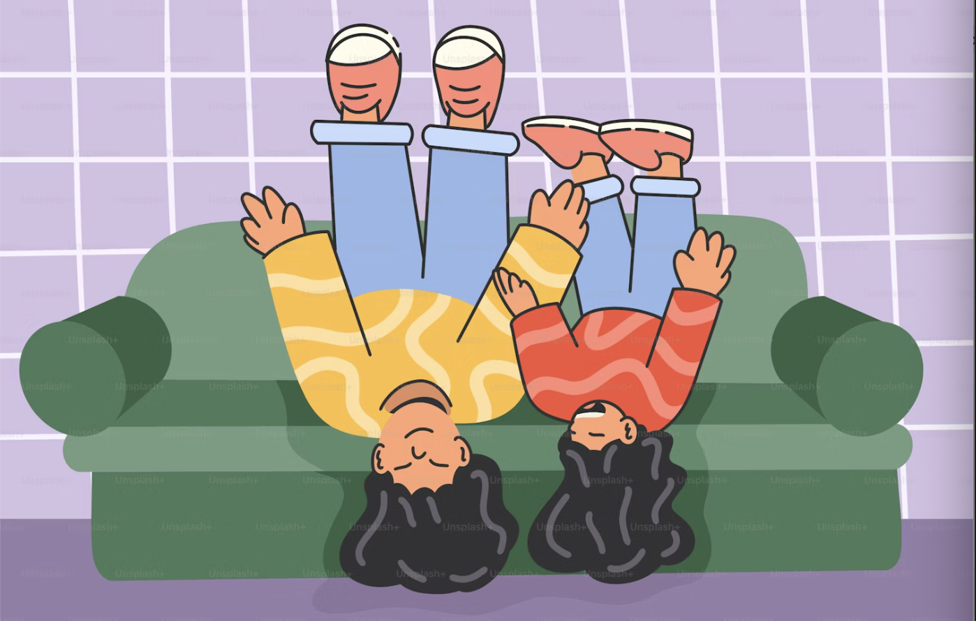 Adult in a yellow shirt and blue pants and child in red shirt and blue pants upside on a green couch with a purple background.