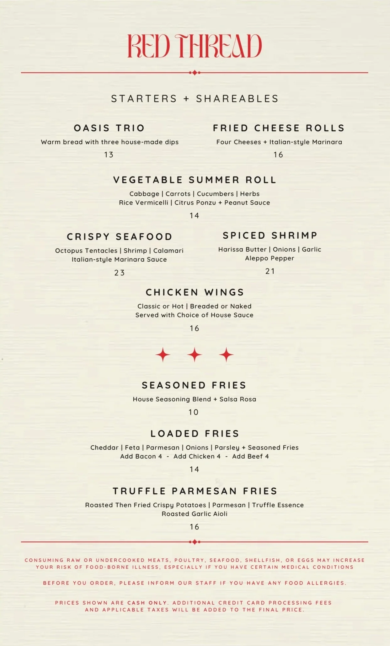 Restaurant menu titled 'Red Thread' listing starters and shareables including Oasis Trio, Fried Cheese Rolls, Vegetable Summer Roll, Crispy Seafood, Spiced Shrimp, Chicken Wings, Seasoned Fries, Loaded Fries, and Truffle Parmesan Fries, with prices.