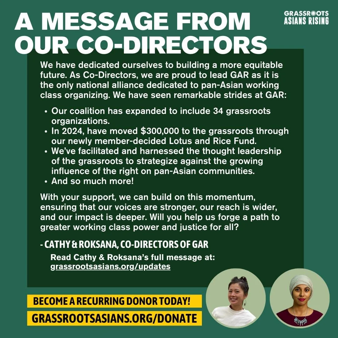 In honor of our sustainer campaign launch, GAR co-Directors Roksana and Cathy wanted to share how GAR has taken strides to build a path towards working-class power. 

This year, GAR has: 
🪷 Expanded our coalition to include 34 grassroots organizatio