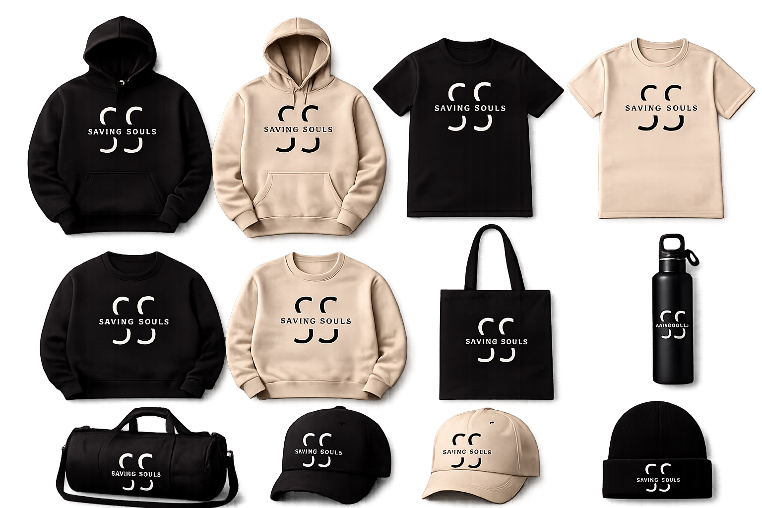 Saving Souls Collection apparel and accessories by S&S Synergy including hoodies, t-shirts, hats, tote bags, duffel bags, and drinkware.