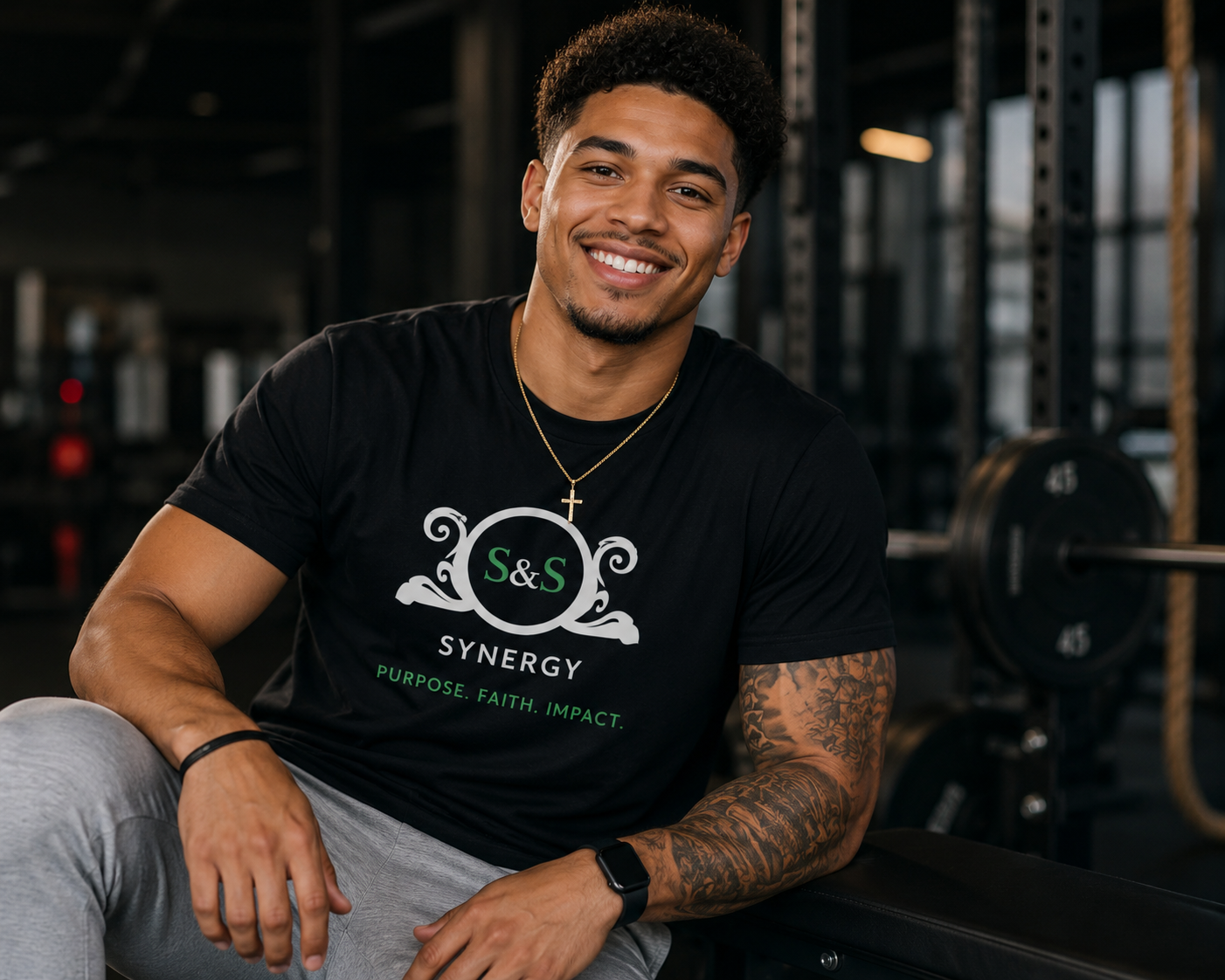 Model wearing S&S Synergy apparel representing purpose, motivation, and resilience.