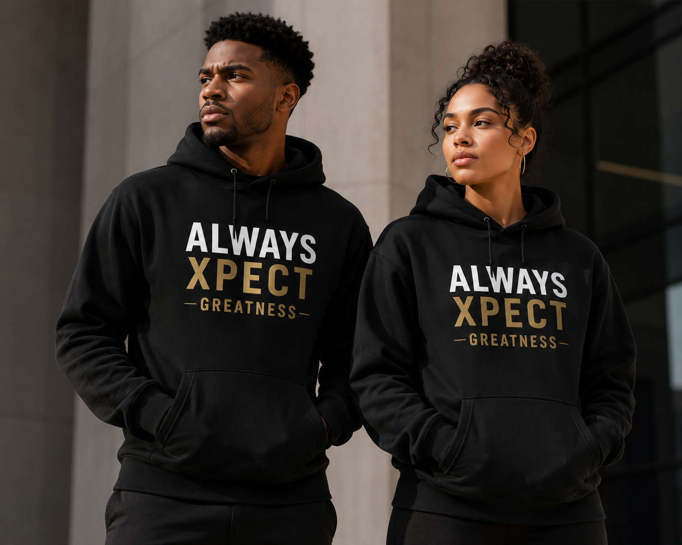 Models wearing Always Xpect Greatness hoodies promoting confidence, ambition, and purpose.