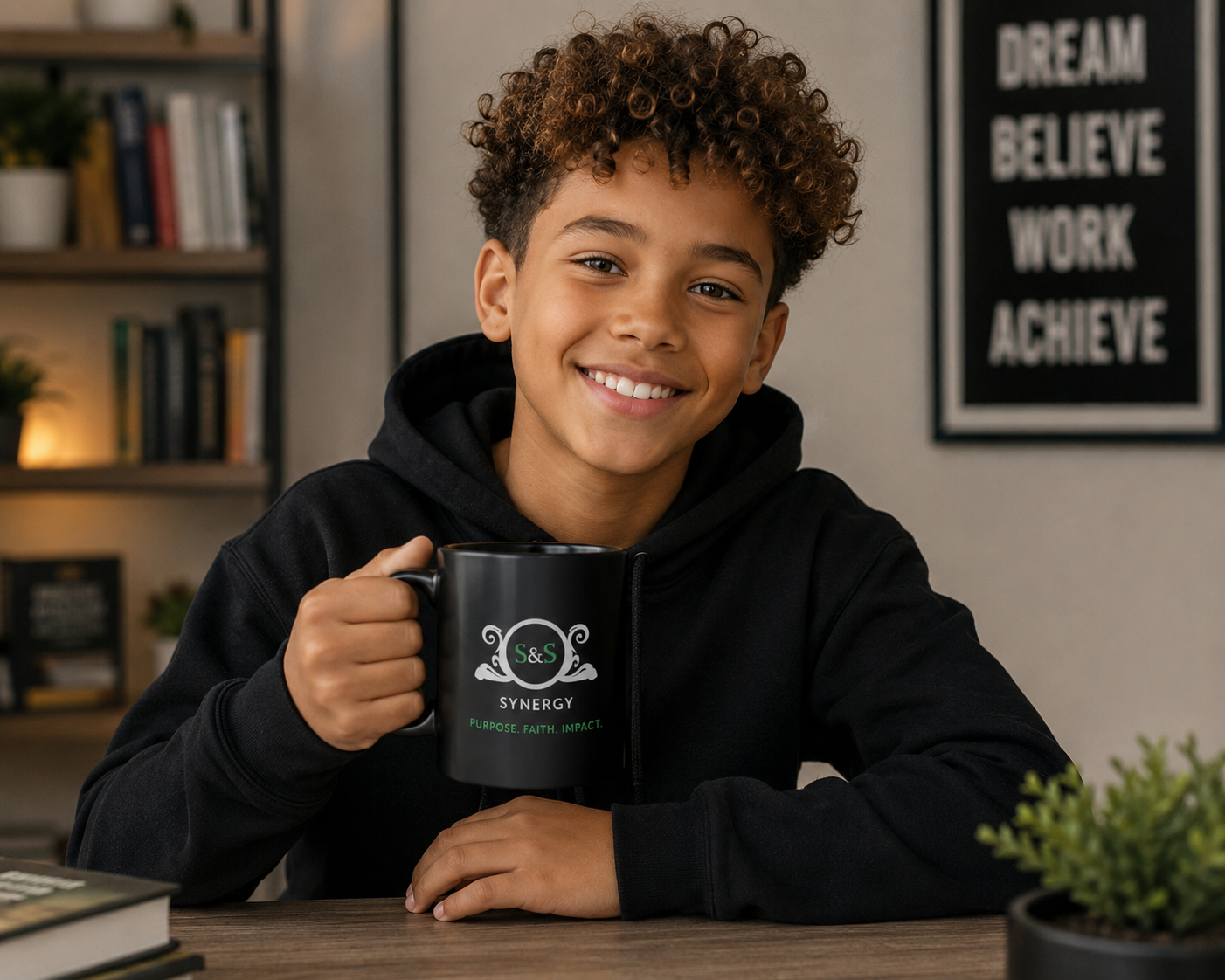 Youth holding S&S Synergy branded mug promoting inspiration and personal growth.