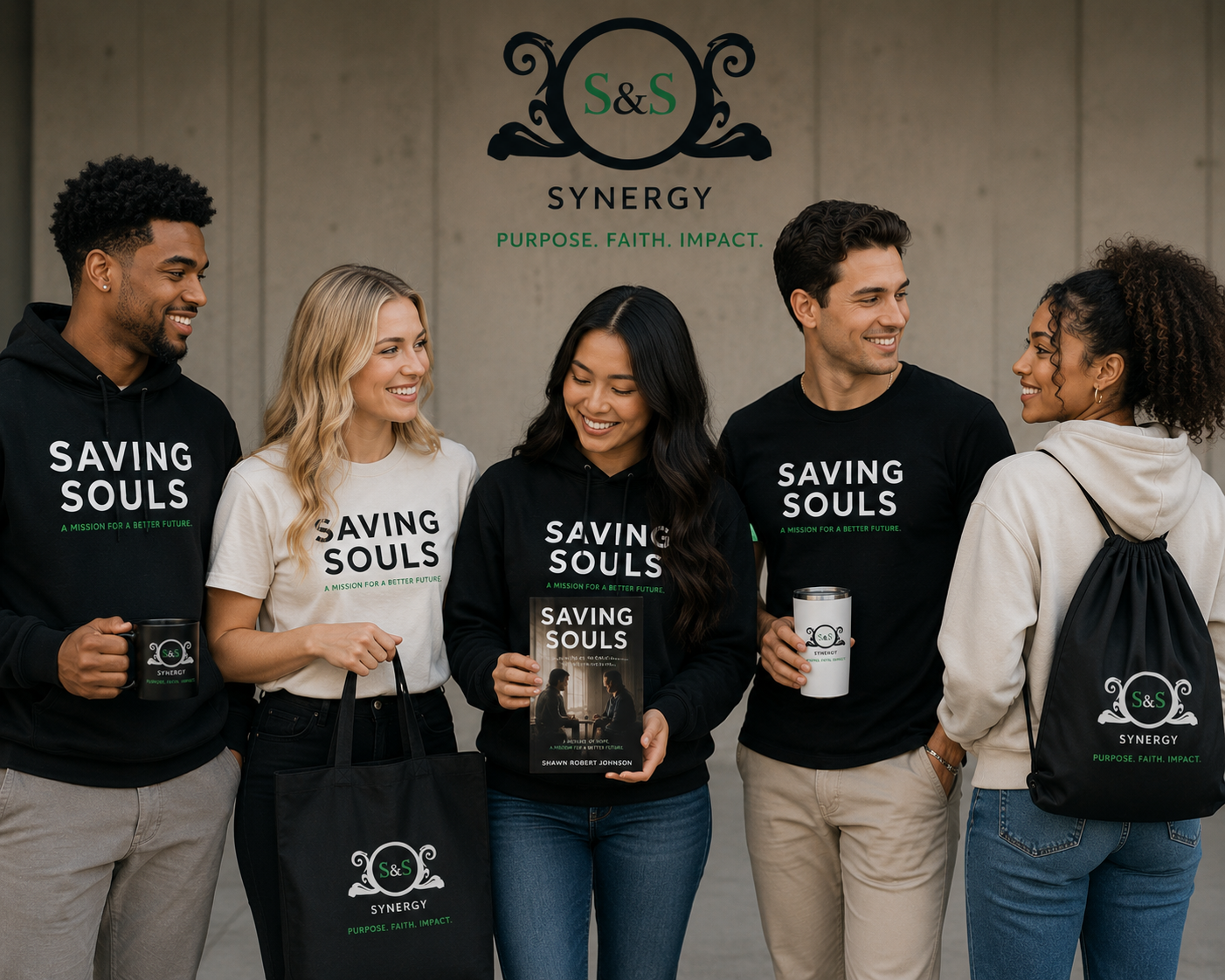 Diverse group wearing Saving Souls Collection apparel and accessories by S&S Synergy.