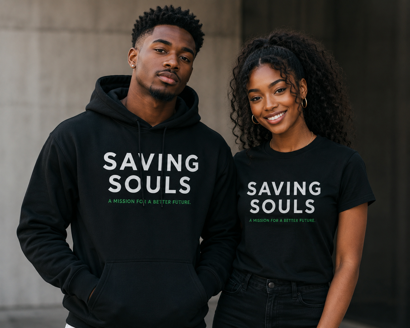 Models wearing Saving Souls Collection apparel by S&S Synergy.