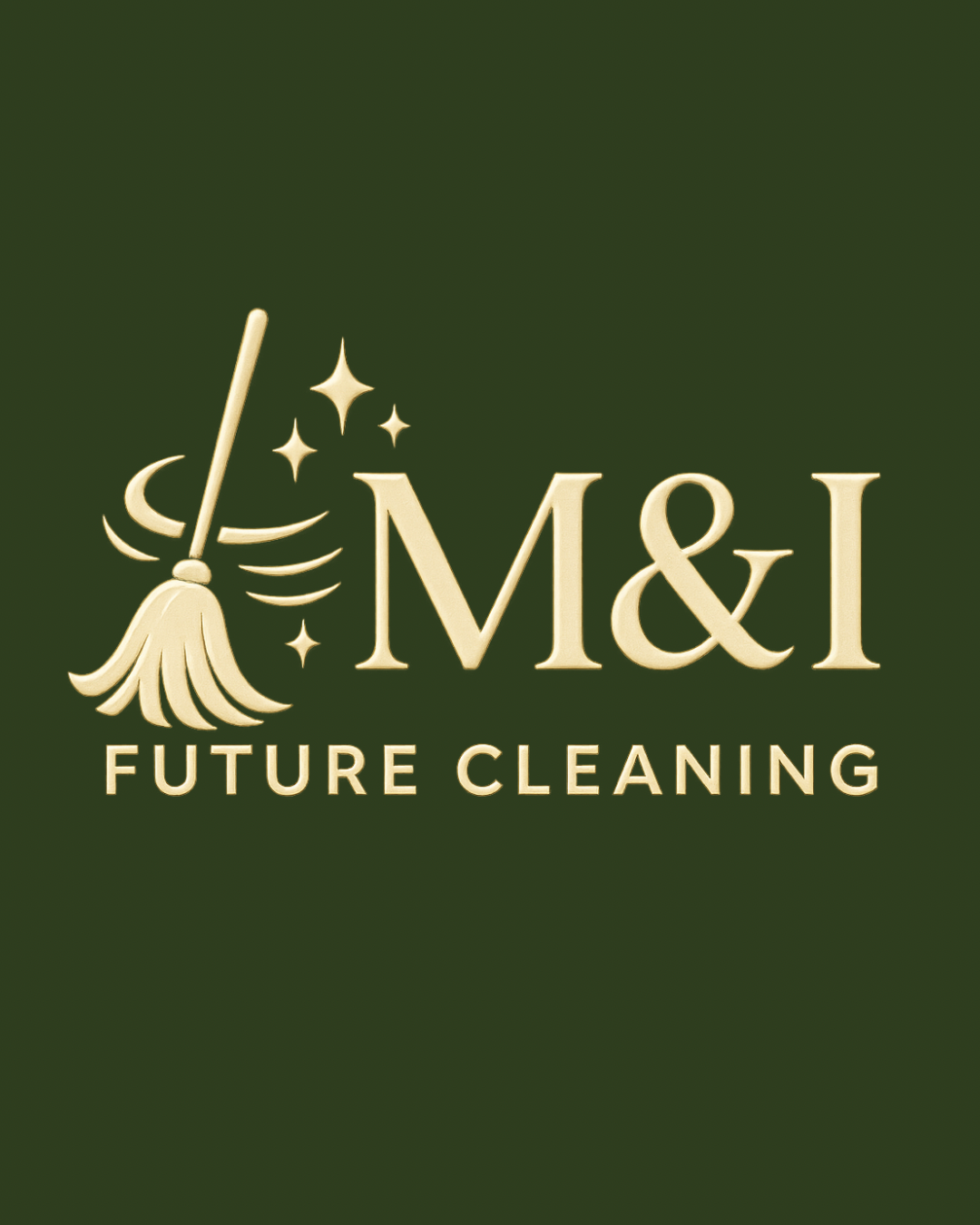 Logo for M&I Future Cleaning featuring a broom and sparkling stars on a dark green background.