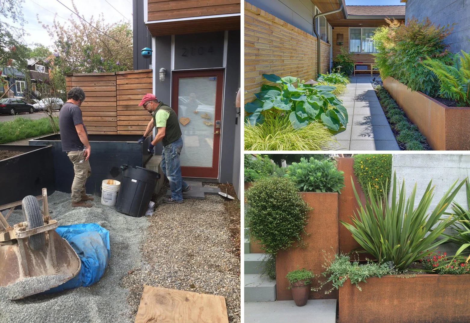 A series of photos showing onsite fabrication of steel planters and the finished product