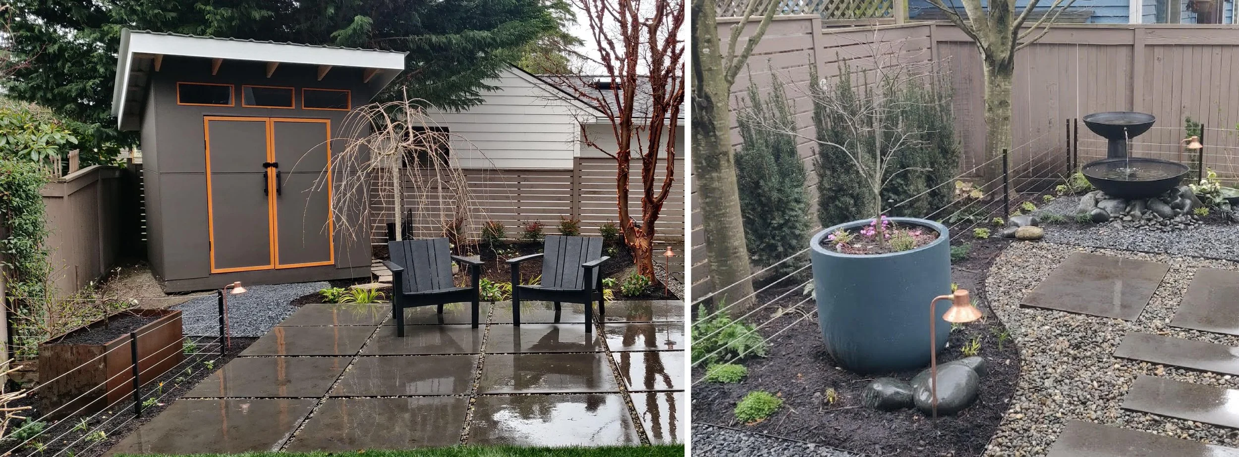 Two images showing garden details of a modern shed, containers and a small water feature.