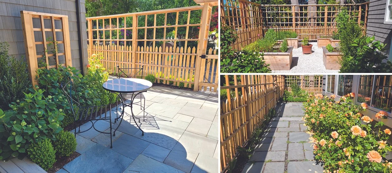 A series of photos of a fenced entry garden. Features include a seating area with a café table and chairs, raised vegetable beds and cottage-style plantings