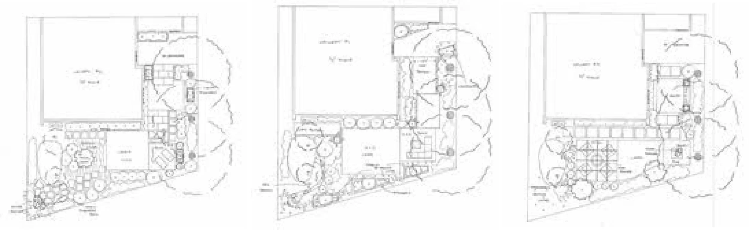 Three proposed concepts for a new garden featuring a patio, dog area and plantings.