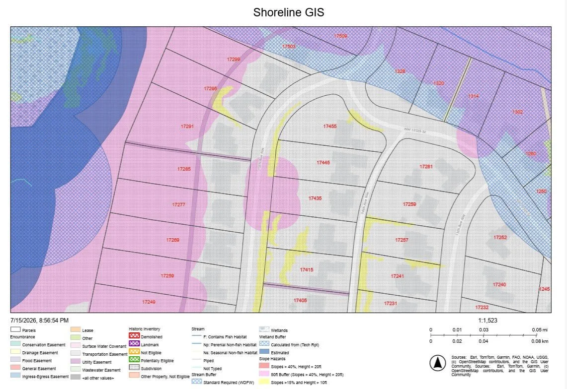 A GIS map displaying Shoreline, WA property parcels with color-coded zones indicating land use and environmental features, including lease areas, wetlands, and streams.