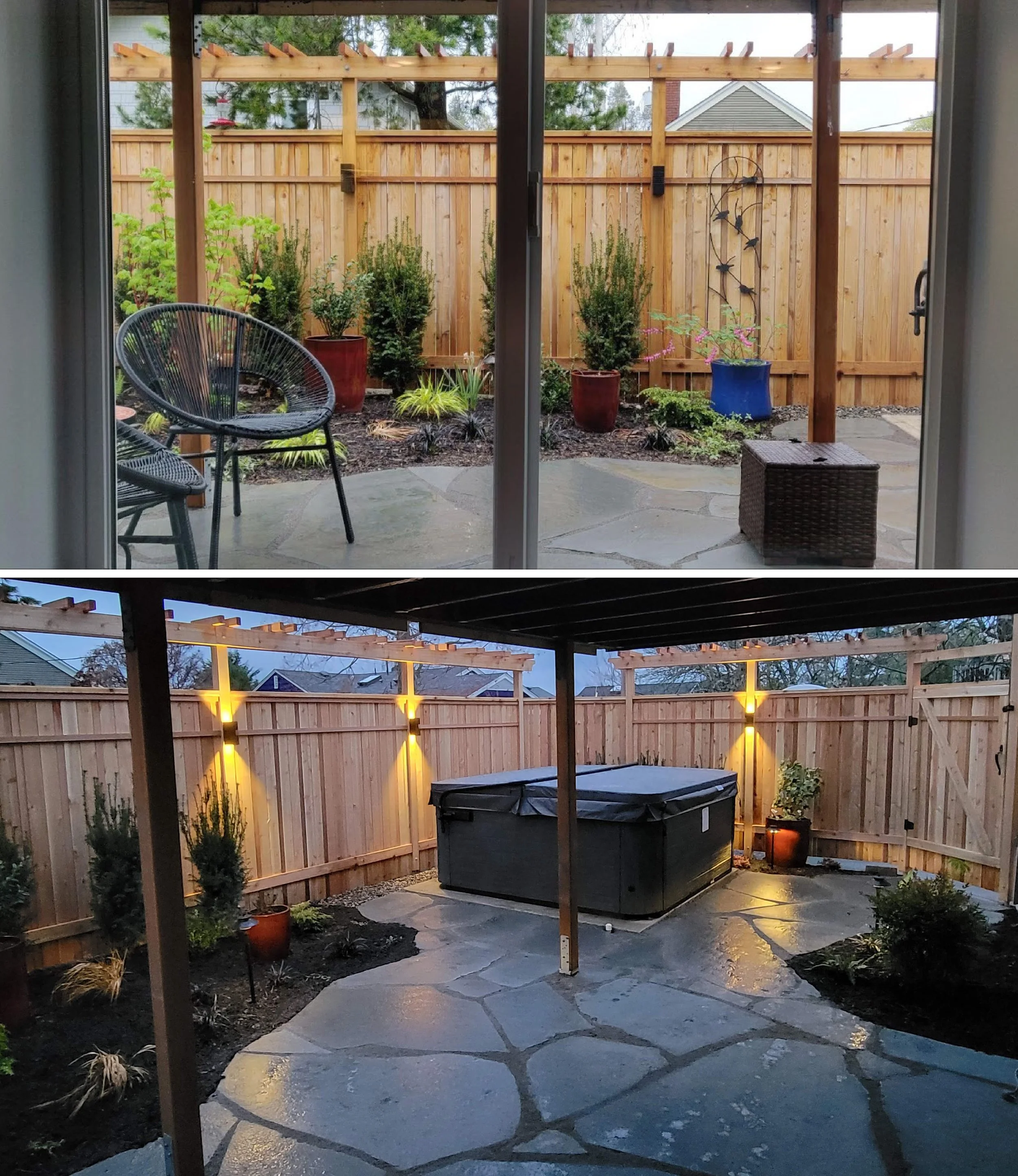 ‘After’ images show the new view out the rec room window of the garden with the flagstone sitting area and hot tub.