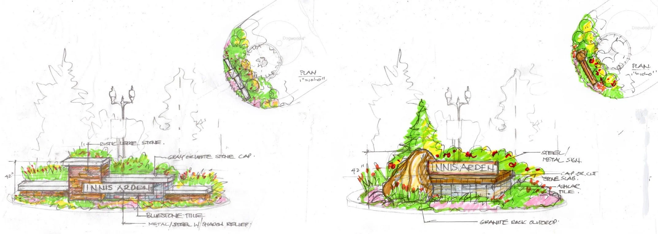 Two concept sketches for the Innis Arden community entrance sign and landscape