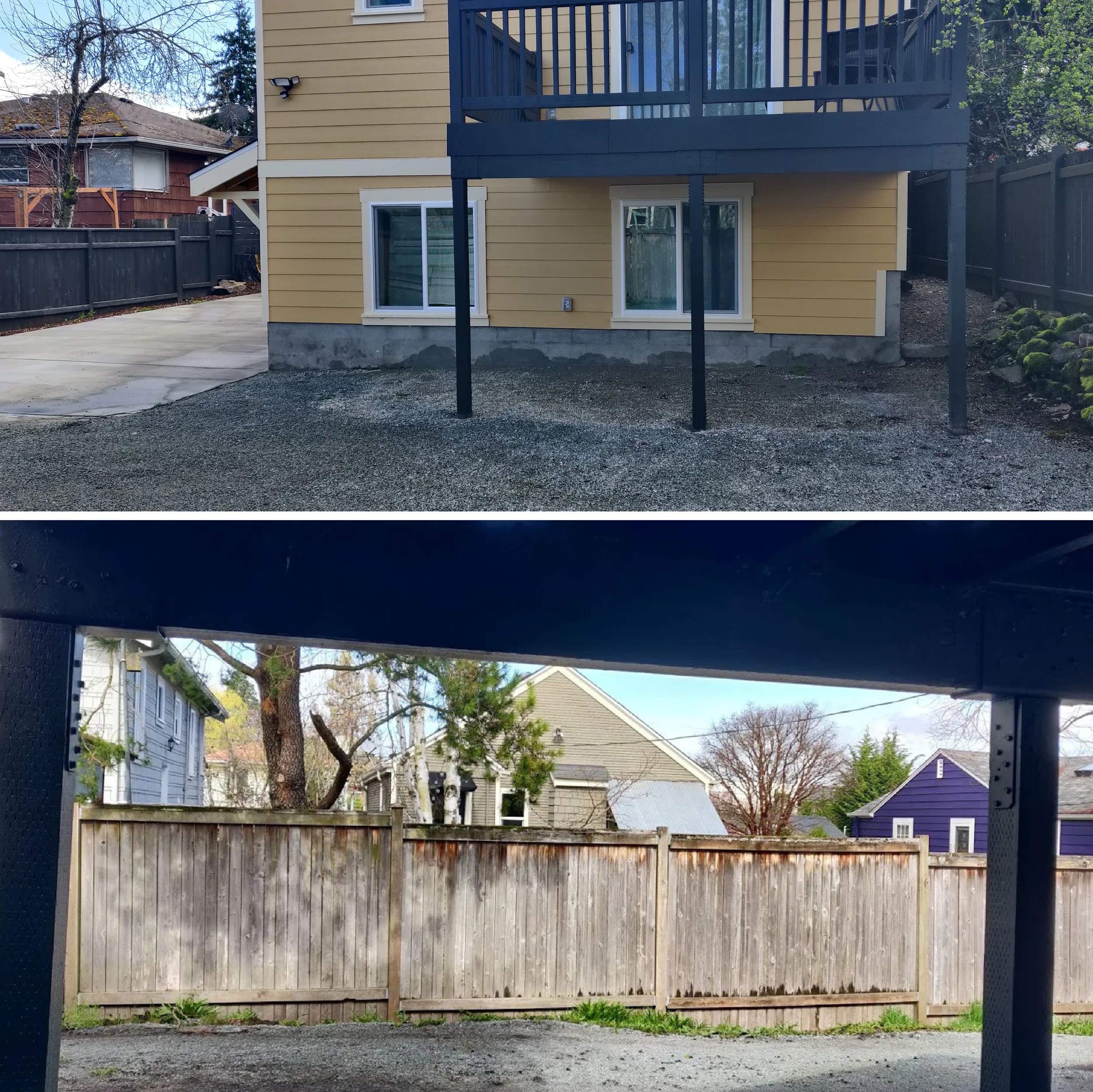 ‘Before’ images showing the back of the house with the second story deck and the view out of the lower story rec room.