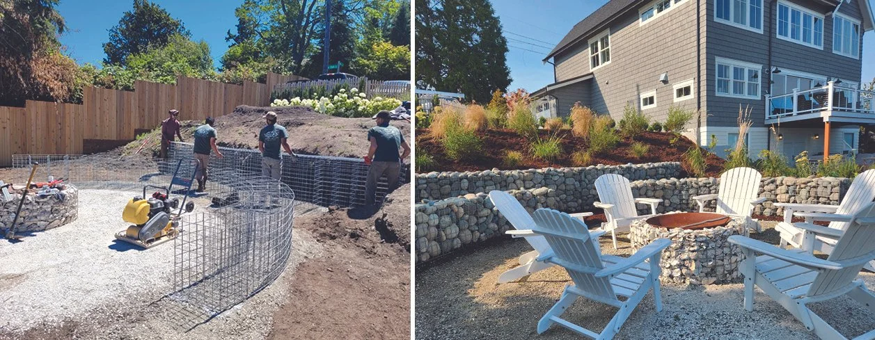 Construction of a beachside firepit area featuring gabion retaining walls and a firepit patio made of oyster shells