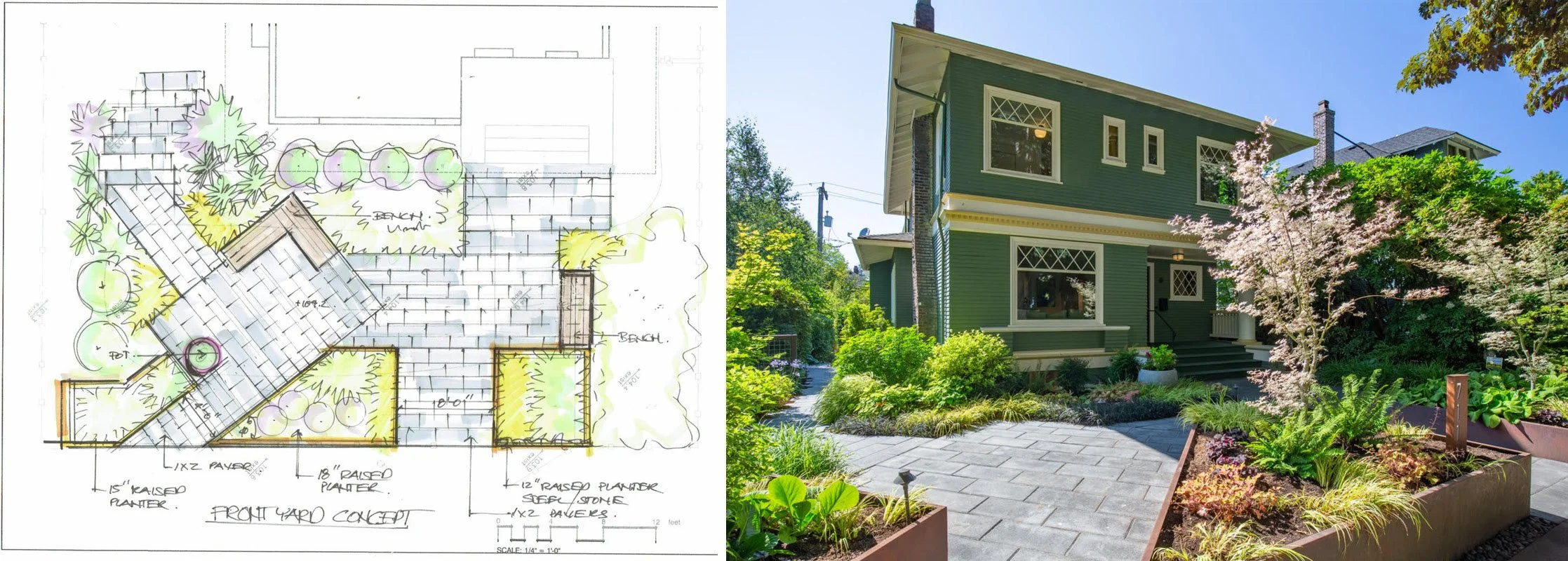 A concept sketch for an entry courtyard and a photo of the final installation