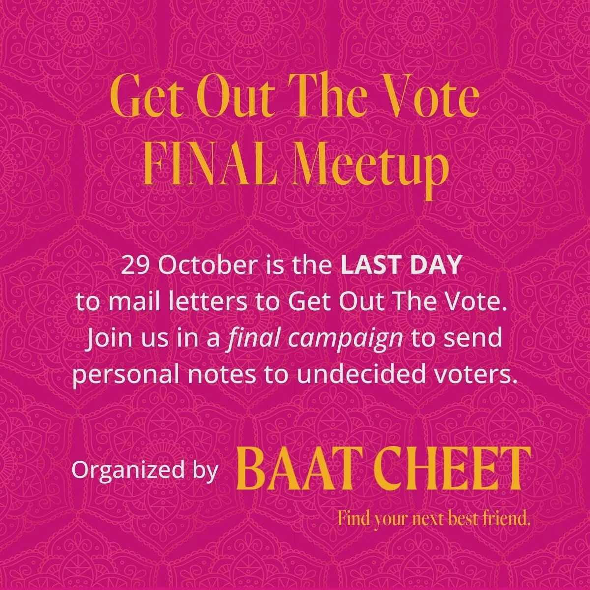 🌟✉️🌟 ONE DAY LEFT to GET OUT THE VOTE! 🌟✉️🌟

TOMORROW 29 October at 5pm is the last day to send letters to Get Out The Vote. Please join us for our final campaign. 

Thanks to the efforts of our amazing volunteers, our network has written and mai