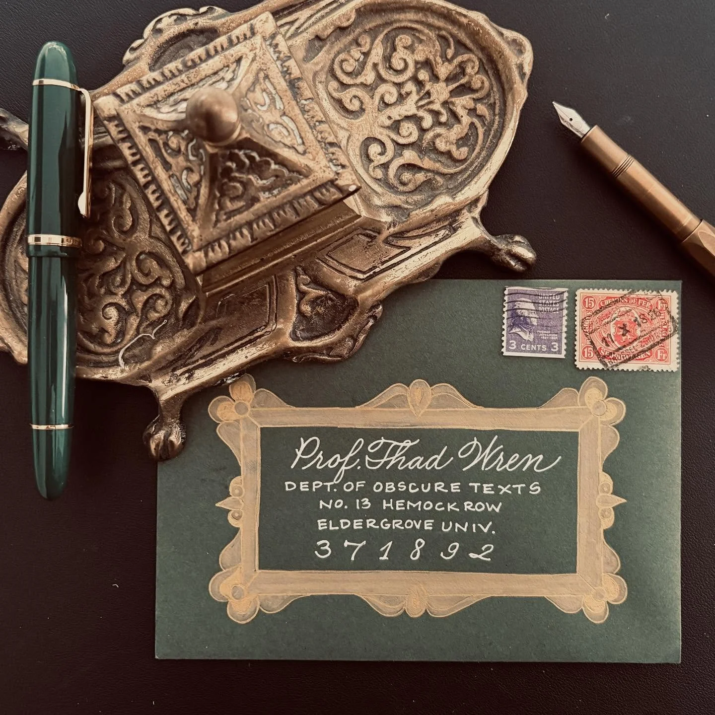 Day 01: Dark Academia. 📚 ✨ 
Welcome to The 31 Days of Bewitching Envelopes Challenge! This year I&rsquo;m going to use ChatGPT to help me come up with my fake addresses. Today&rsquo;s was a little long so I shortened it, but I think Thaddeus Wren is
