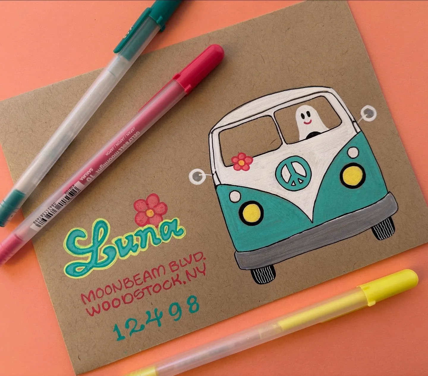 Day 10: Hippie Haunts 

I thought a cute VW bus would go well with this challenge so I put a ghost in it. 👻 ✌🏼 

#thisisafakeaddress 
@papersource 
#bewitchingenvelopes2025 
#papersource
#gellyrollpens 
@sakuraofamerica