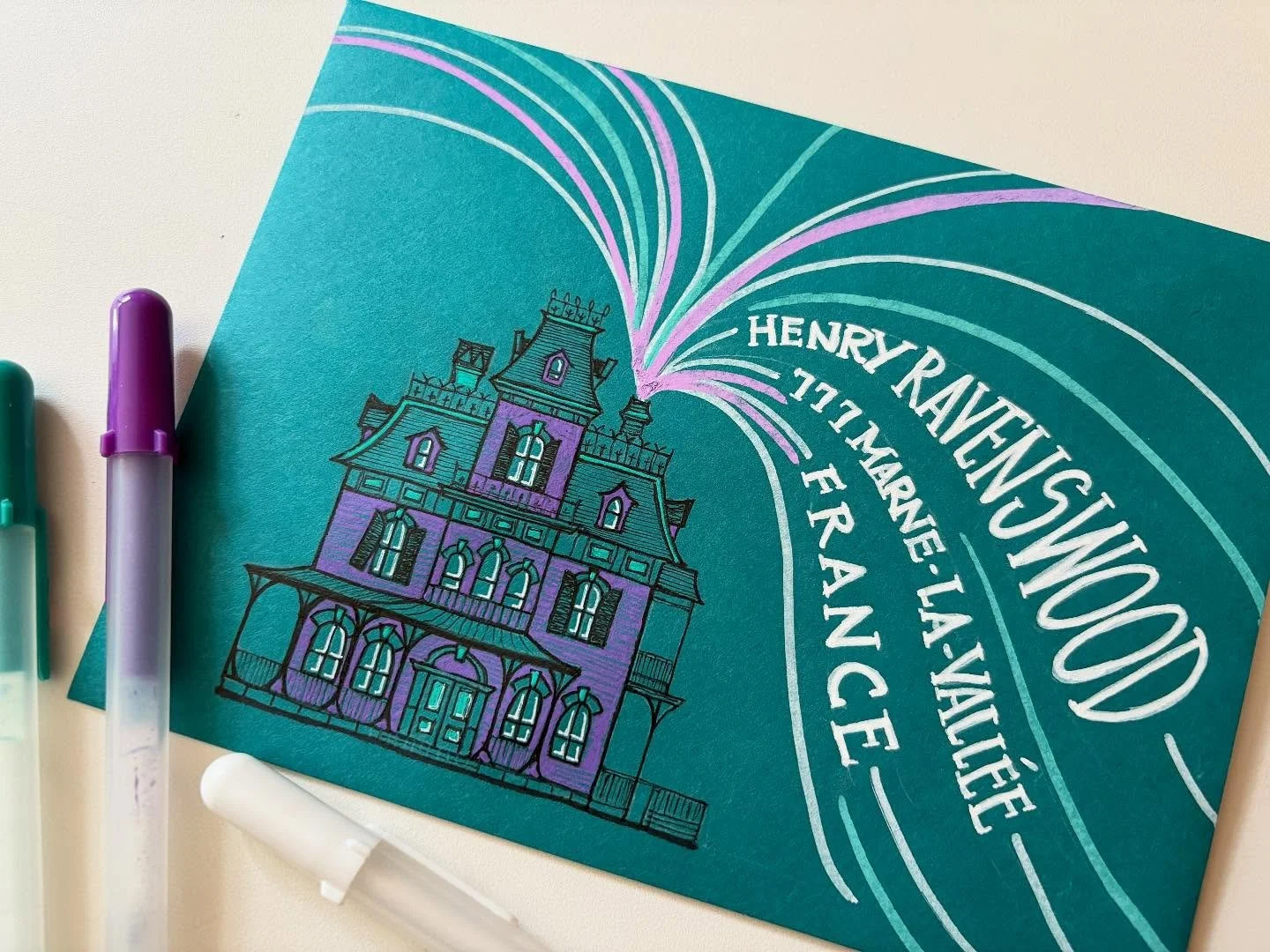 Day 16: Phantom Manor 👻 

I spent way too much time on this drawing. My idea was that a bunch of ghosts were streaming out of the chimney like the ending of Ghostbusters&hellip; not sure I achieved it but I had fun! 

#thisisafakeaddress 
@papersour