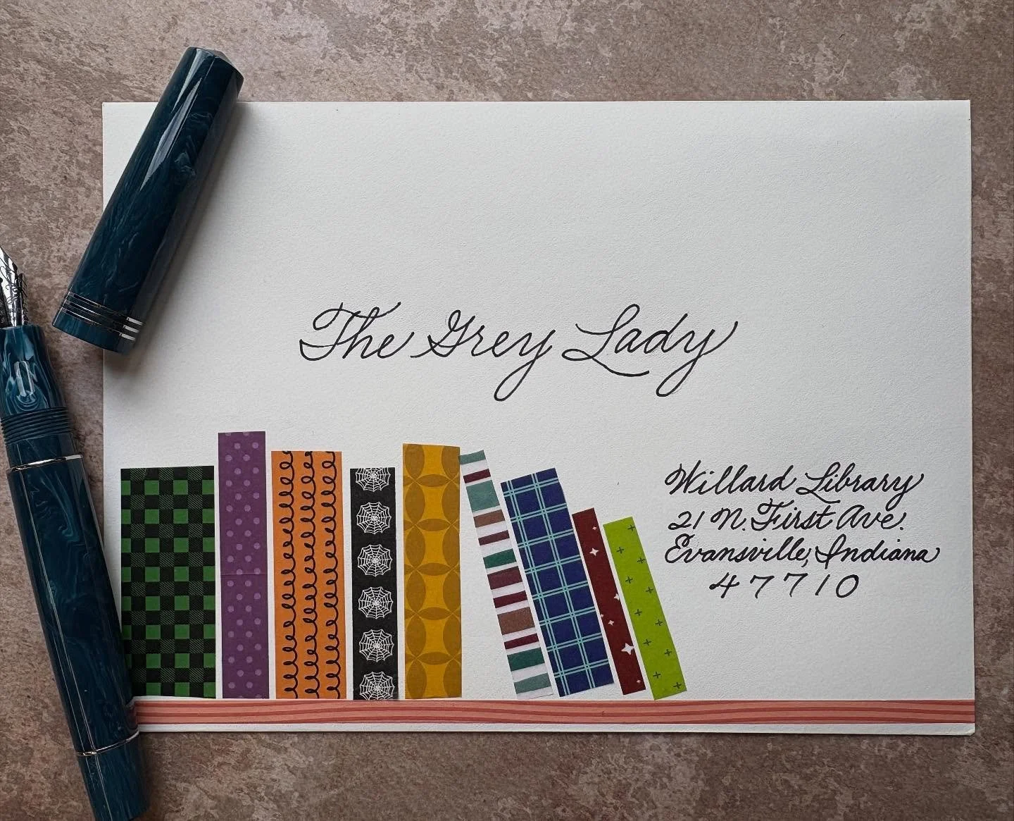 Day 22: LIBRARY ๐ 
Today I drew with washi tape rather than pens! To keep this in the “bewitching” theme, I addressed it to the ghost that haunts Willard Library in my hometown of Evansville, Indiana. 
#thisisafakeaddress 
@papersource