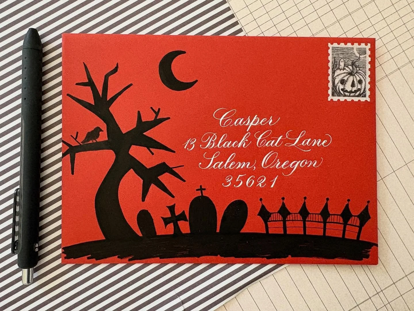 Day 23: Graveyard ๐ชฆ 
I love a silhouette and a basic Halloween color scheme! And now that I have cats it makes photographing these envelopes super tricky. See image two. ๐‍โฌ ๐ธ ๐คช
#thisisafakeaddress 
@papersource 
#bewitchingenvelopes2025 
#