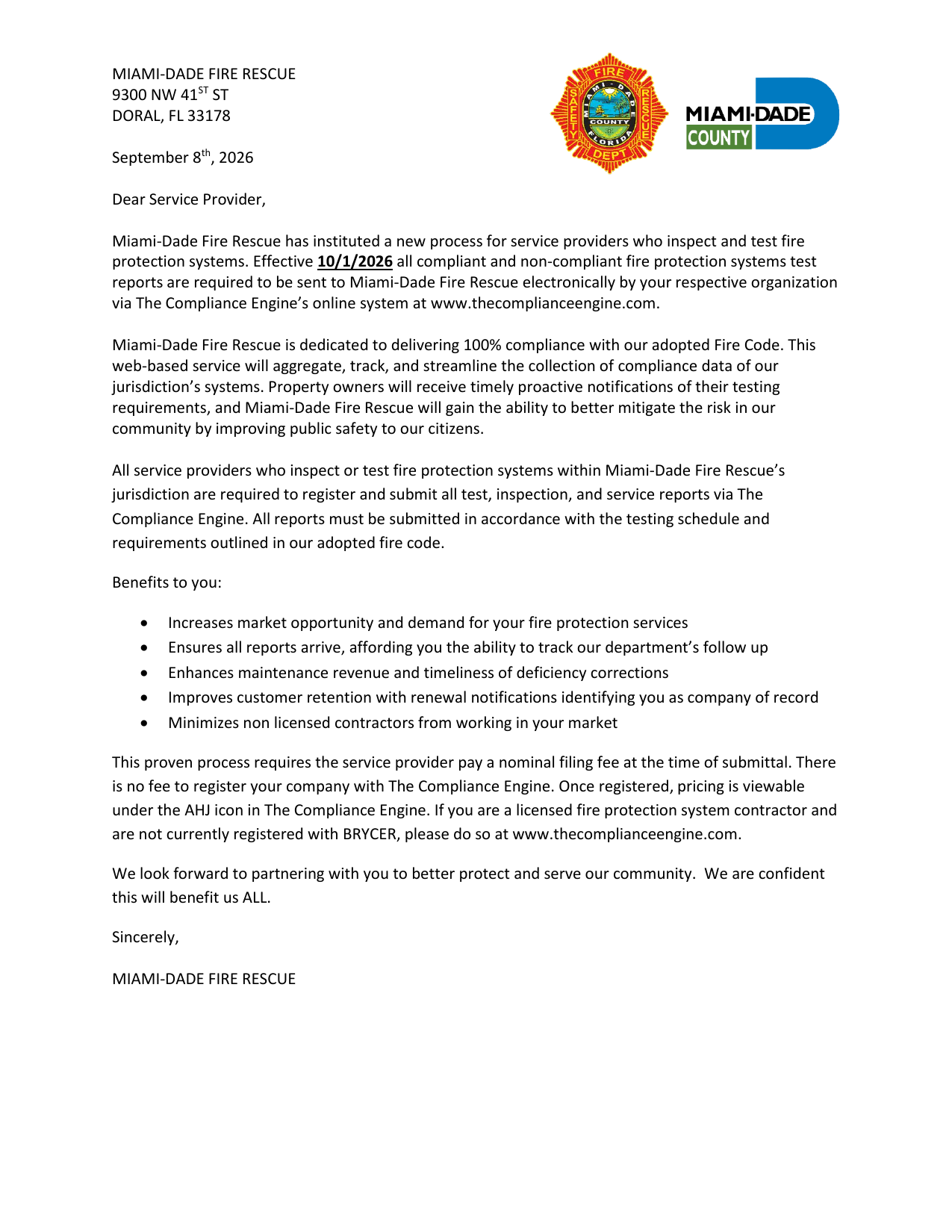 Miami-Dade Fire Rescue notice to service providers on The Compliance Engine