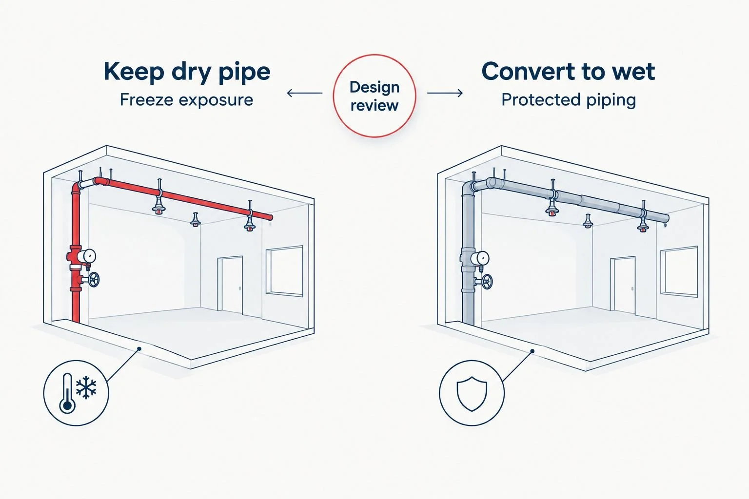Diagram comparing dry pipe retention with wet pipe conversion based on freeze exposure and design review