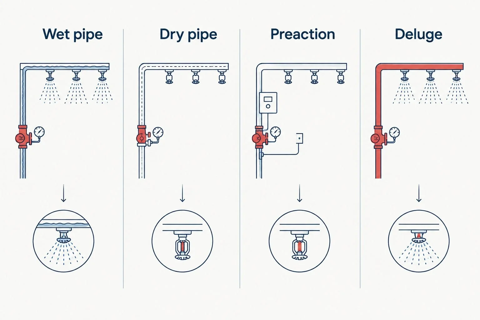 Comparison of wet-pipe, dry-pipe, preaction, and deluge sprinkler systems