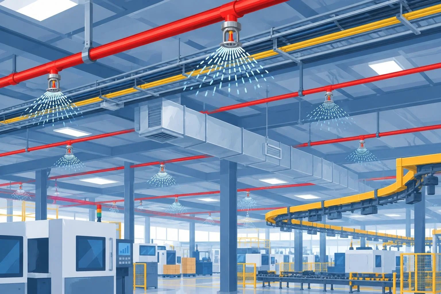 Ceiling sprinklers coordinated around ducts, beams, piping, and a conveyor